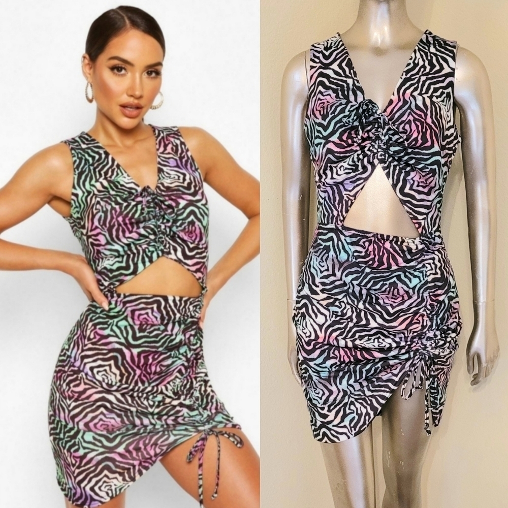 NWT Boohoo Floral Zebra Ruched Cut-Out Jersey Summer Beach Dress Sz M